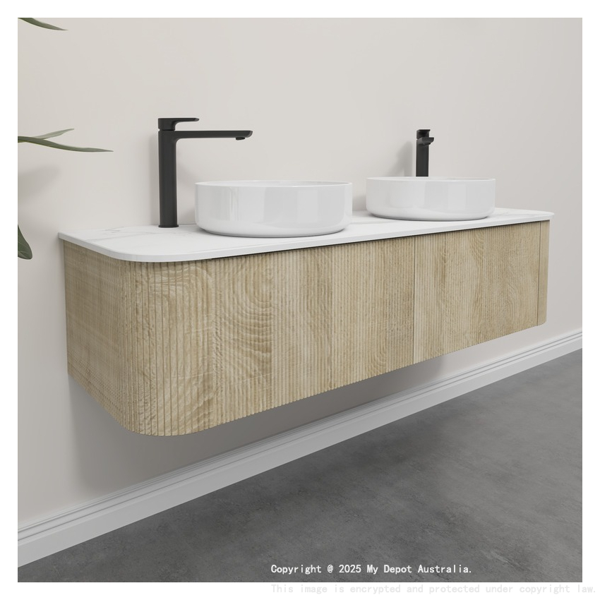 Kiama 1500mm White Oak 2 Drawers Curved Wall Hung Fluted Bathroom Vanity