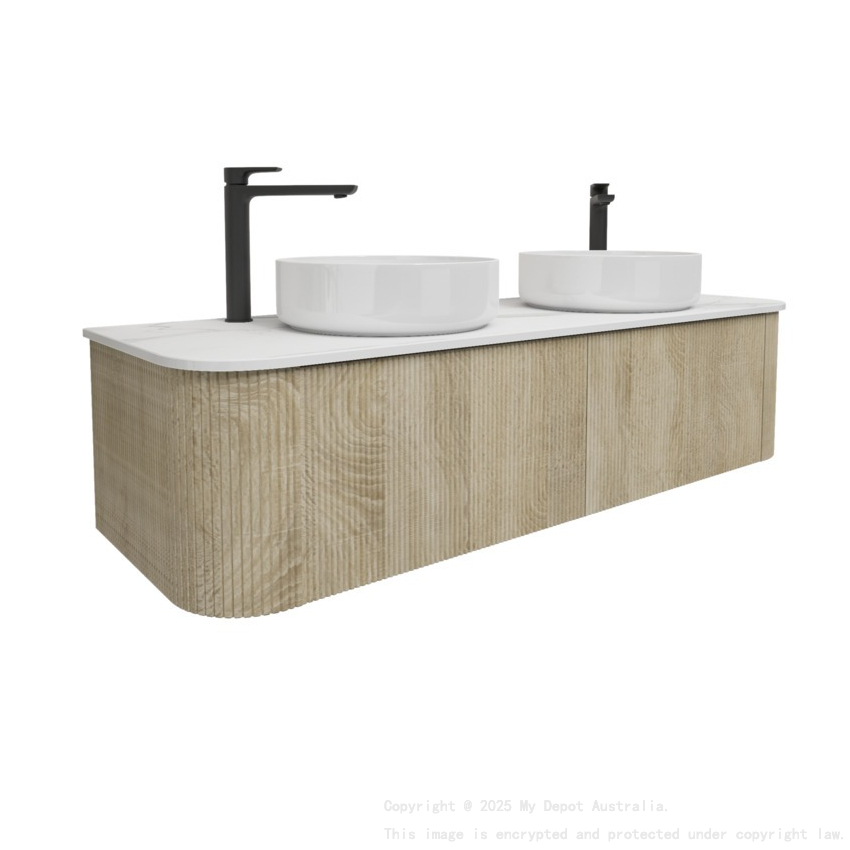 Kiama 1500mm White Oak 2 Drawers Curved Wall Hung Fluted Bathroom Vanity