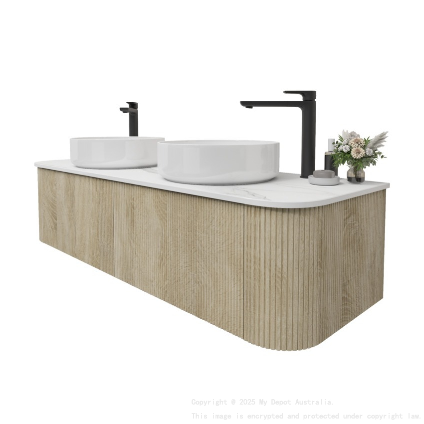 Kiama 1500mm White Oak 2 Drawers Curved Wall Hung Fluted Bathroom Vanity
