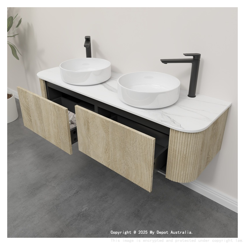 Kiama 1500mm White Oak 2 Drawers Curved Wall Hung Fluted Bathroom Vanity