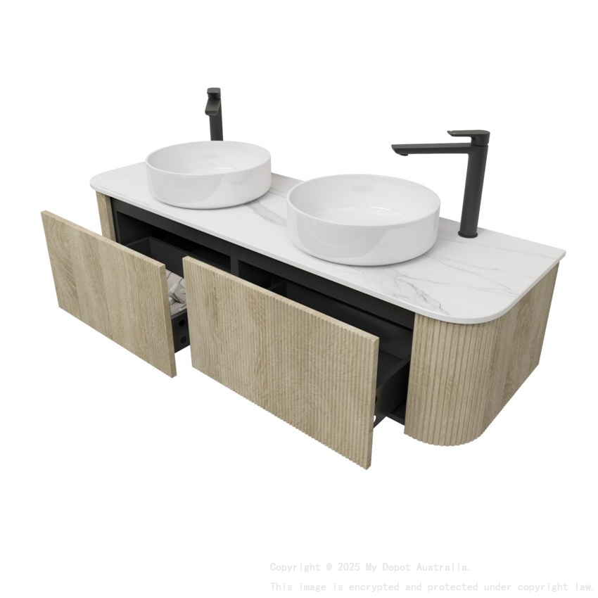 Kiama 1500mm White Oak 2 Drawers Curved Wall Hung Fluted Bathroom Vanity