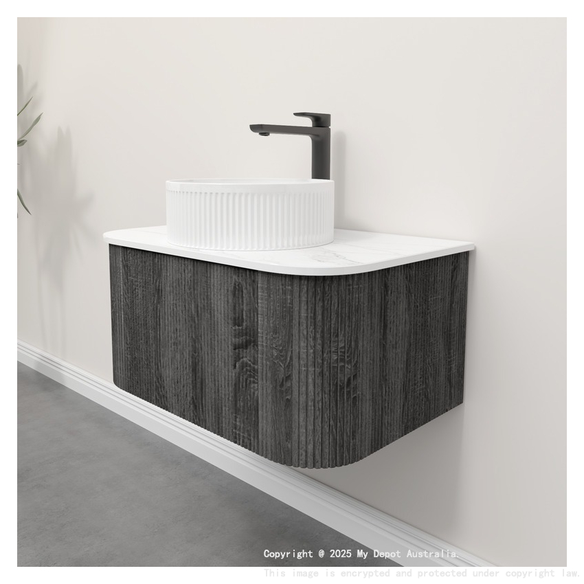 Kiama 750mm Dark Grey 1 Drawer Curved Wall Hung Fluted Bathroom Vanity