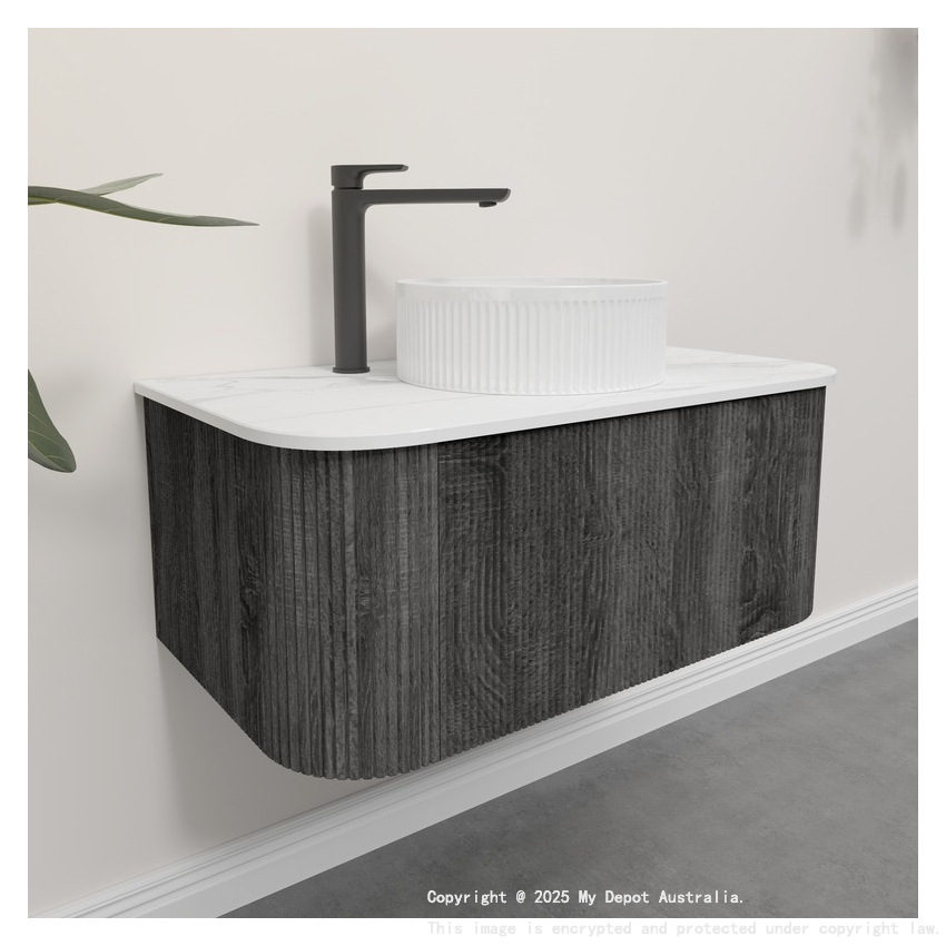 Kiama 950mm Dark Grey 1 Drawer Curved Wall Hung Fluted Bathroom Vanity