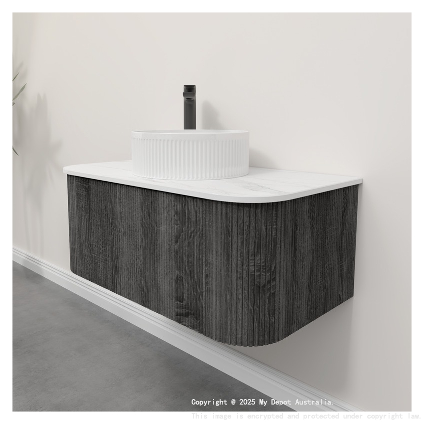 Kiama 950mm Dark Grey 1 Drawer Curved Wall Hung Fluted Bathroom Vanity