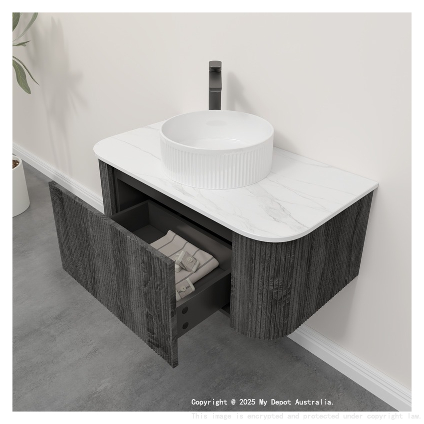Kiama 950mm Dark Grey 1 Drawer Curved Wall Hung Fluted Bathroom Vanity