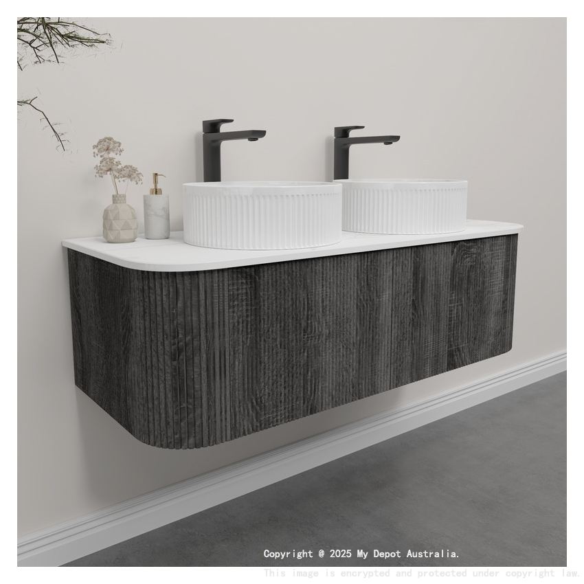 Kiama 1200mm Dark Grey 2 Drawers Curved Wall Hung Fluted Bathroom Vanity