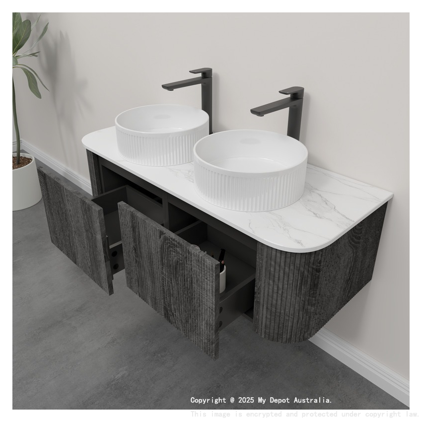 Kiama 1200mm Dark Grey 2 Drawers Curved Wall Hung Fluted Bathroom Vanity