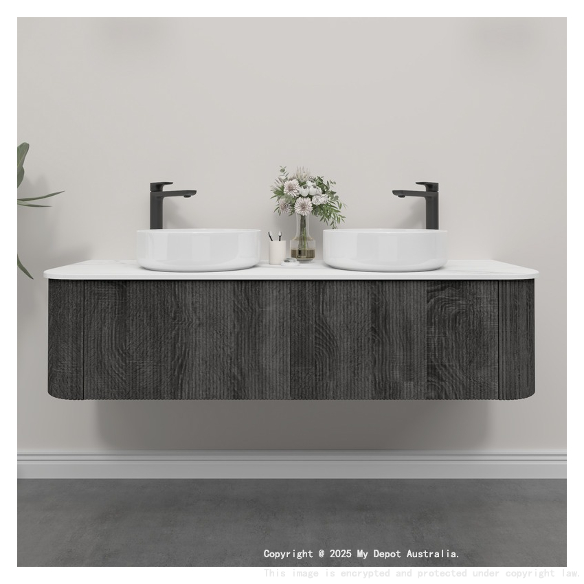Kiama 1500mm Dark Grey 2 Drawers Curved Wall Hung Fluted Bathroom Vanity