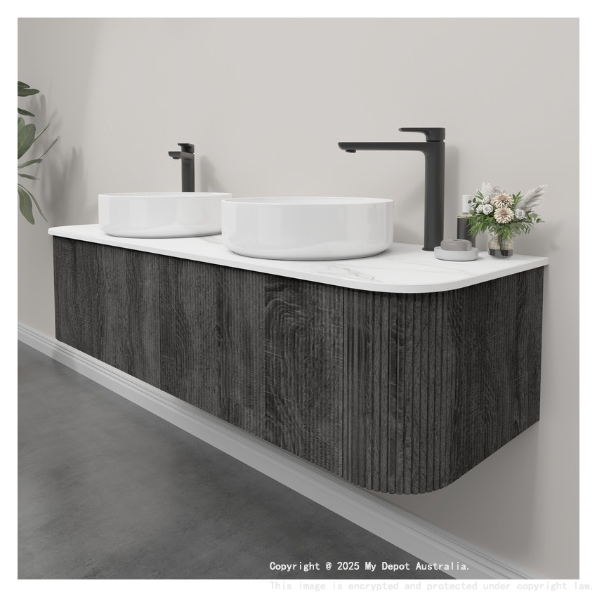 Kiama 1500mm Dark Grey 2 Drawers Curved Wall Hung Fluted Bathroom Vanity