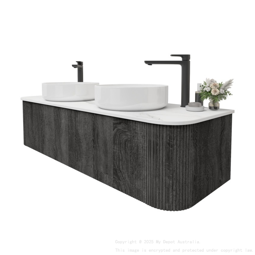 Kiama 1500mm Dark Grey 2 Drawers Curved Wall Hung Fluted Bathroom Vanity