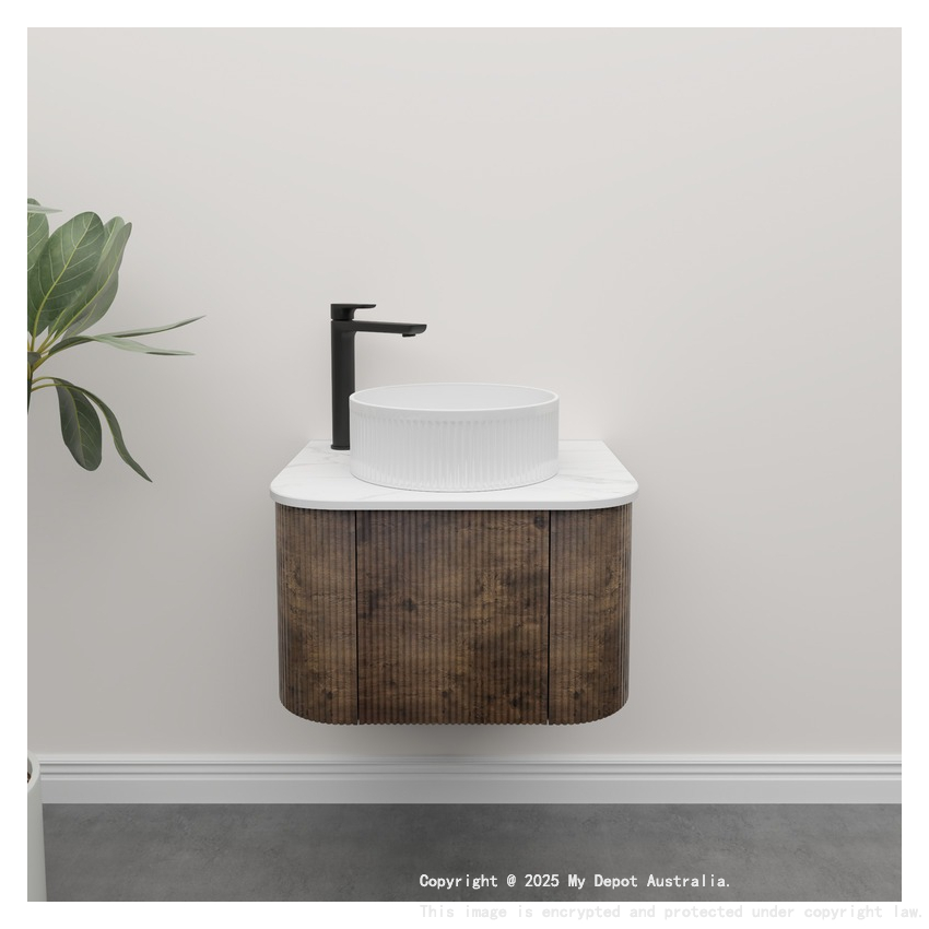Kiama 600mm Dark Oak 1 Door Curved Wall Hung Fluted Bathroom Vanity
