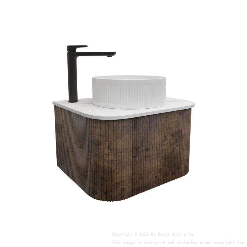 Kiama 600mm Dark Oak 1 Door Curved Wall Hung Fluted Bathroom Vanity