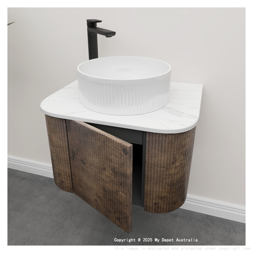 Kiama 600mm Dark Oak 1 Door Curved Wall Hung Fluted Bathroom Vanity