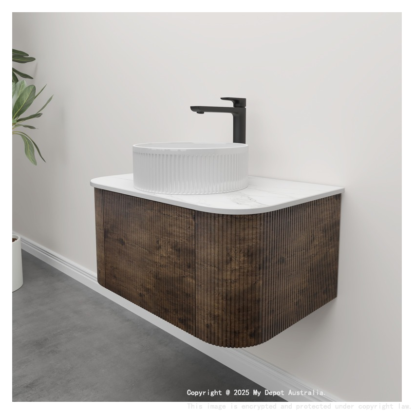 Kiama 750mm Dark Oak 1 Drawer Curved Wall Hung Fluted Bathroom Vanity