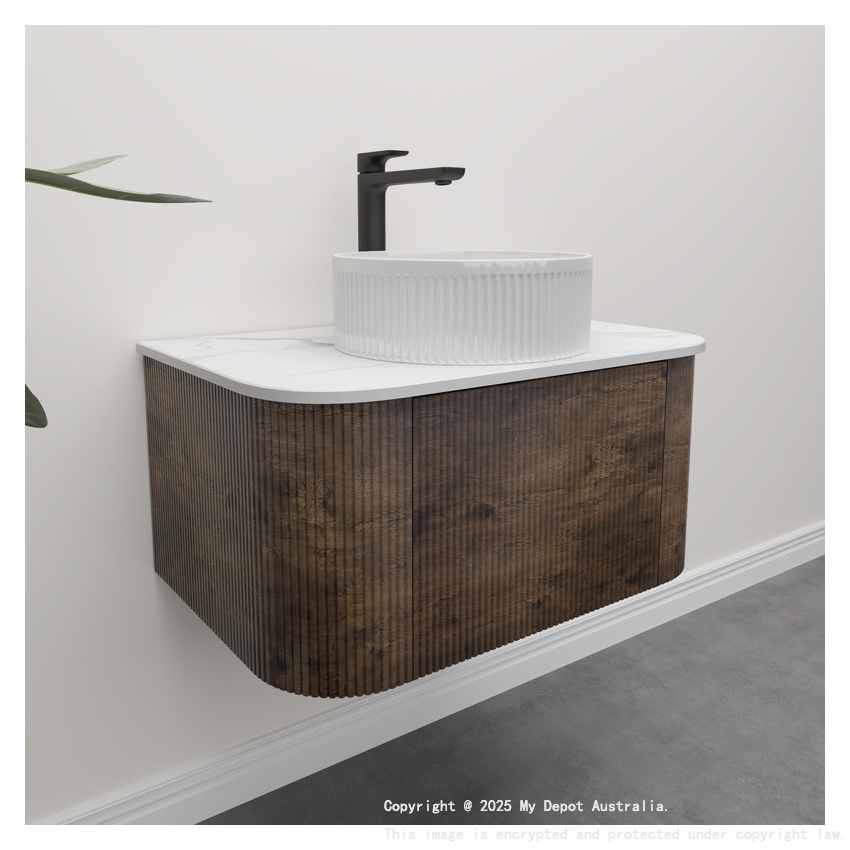 Kiama 750mm Dark Oak 1 Drawer Curved Wall Hung Fluted Bathroom Vanity