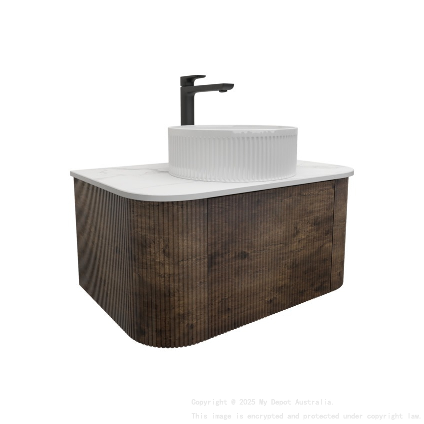 Kiama 750mm Dark Oak 1 Drawer Curved Wall Hung Fluted Bathroom Vanity