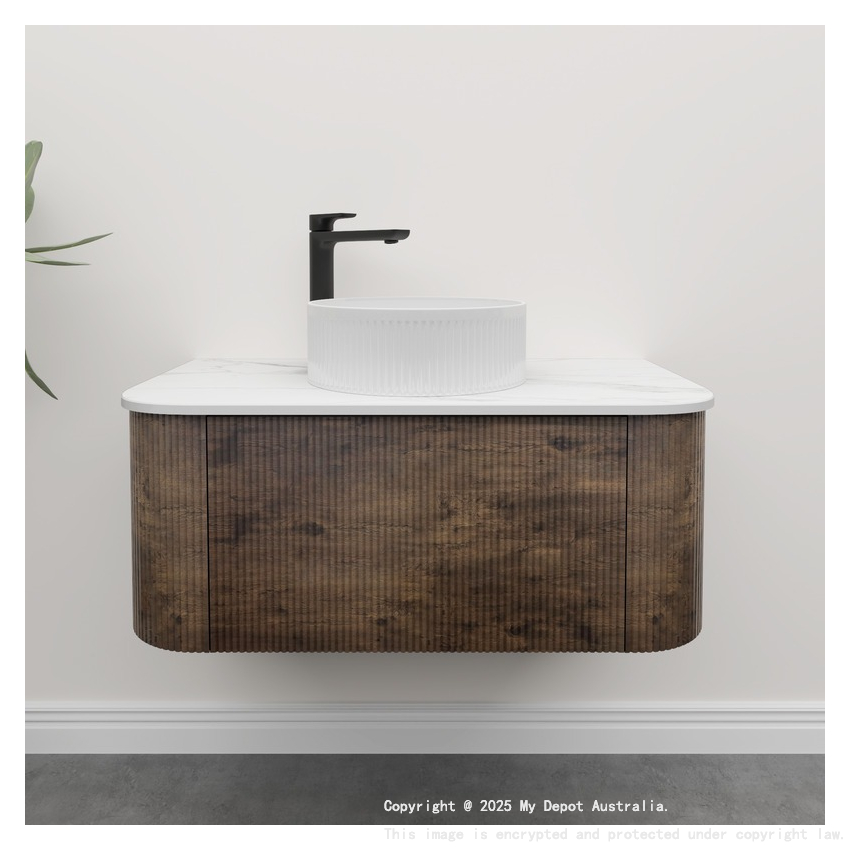 Kiama 950mm Dark Oak 1 Drawer Curved Wall Hung Fluted Bathroom Vanity