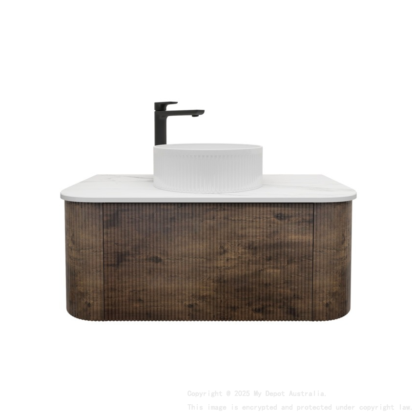 Kiama 950mm Dark Oak 1 Drawer Curved Wall Hung Fluted Bathroom Vanity