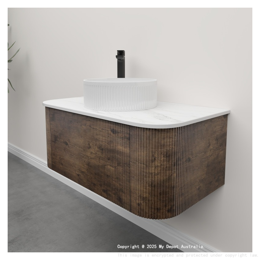 Kiama 950mm Dark Oak 1 Drawer Curved Wall Hung Fluted Bathroom Vanity