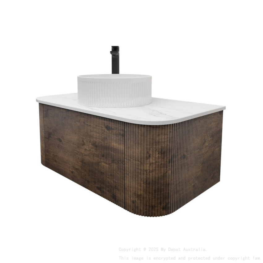 Kiama 950mm Dark Oak 1 Drawer Curved Wall Hung Fluted Bathroom Vanity