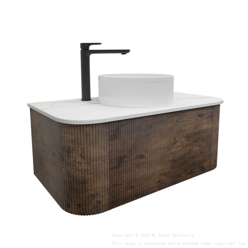 Kiama 950mm Dark Oak 1 Drawer Curved Wall Hung Fluted Bathroom Vanity