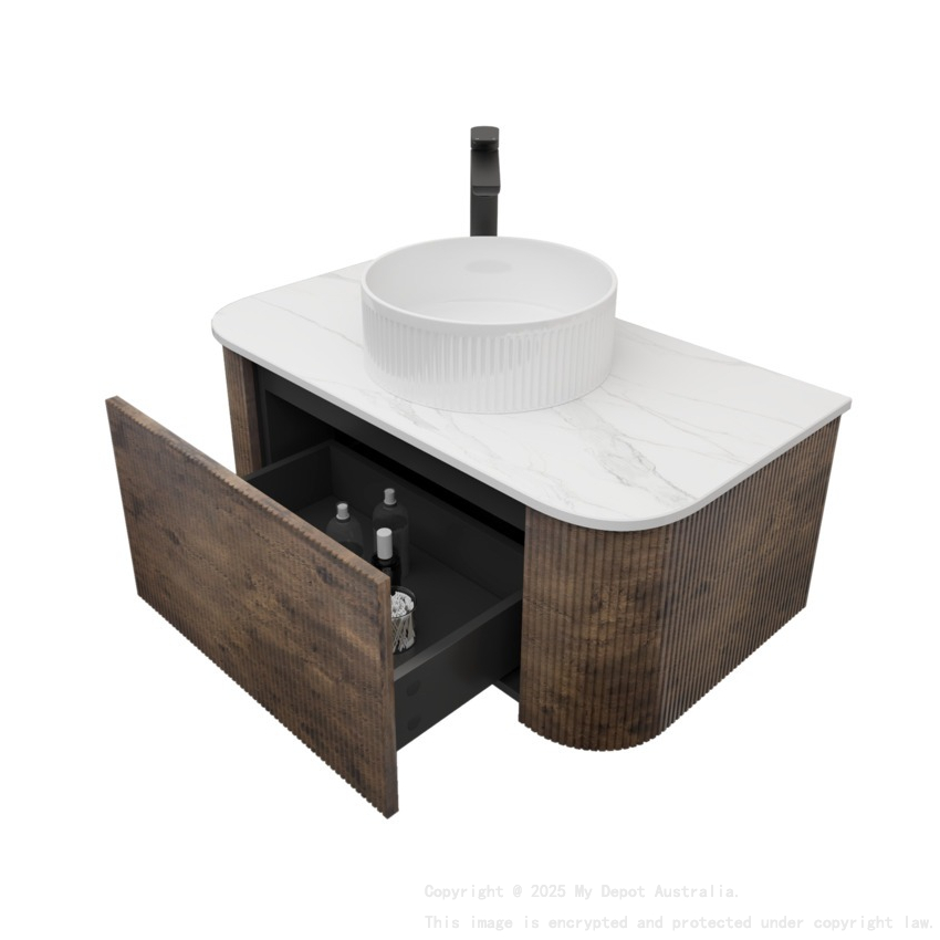 Kiama 950mm Dark Oak 1 Drawer Curved Wall Hung Fluted Bathroom Vanity