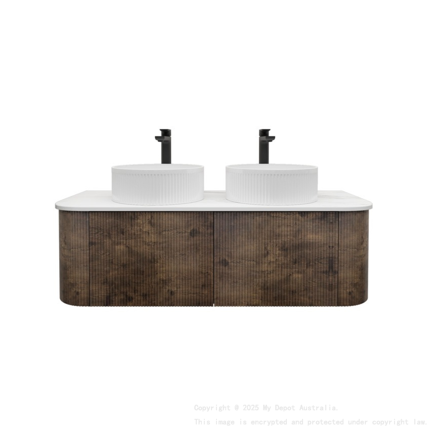 Kiama 1200mm Dark Oak 2 Drawers Curved Wall Hung Fluted Bathroom Vanity