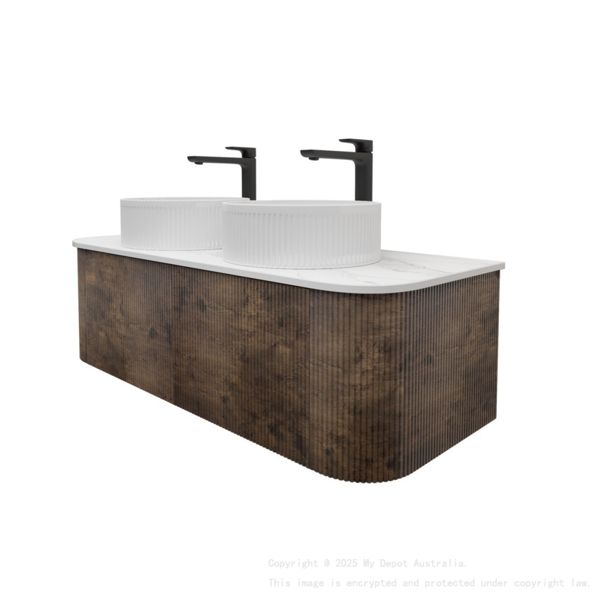 Kiama 1200mm Dark Oak 2 Drawers Curved Wall Hung Fluted Bathroom Vanity