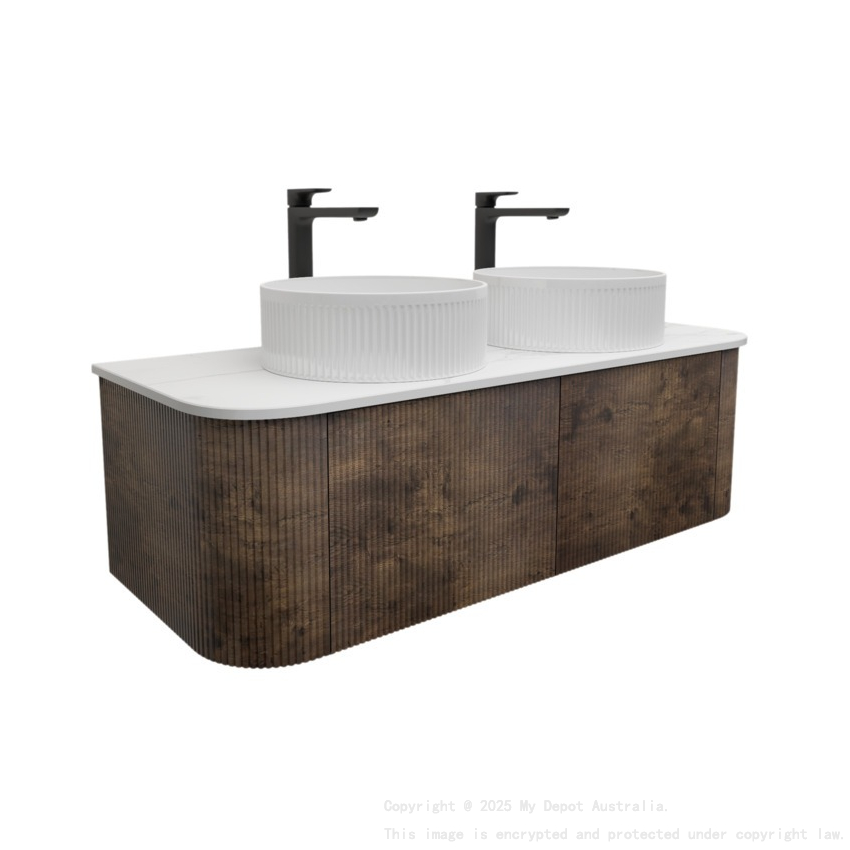 Kiama 1200mm Dark Oak 2 Drawers Curved Wall Hung Fluted Bathroom Vanity