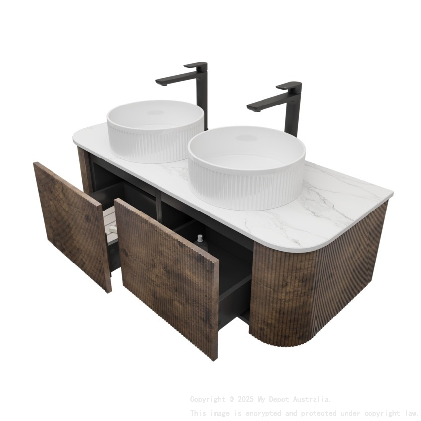 Kiama 1200mm Dark Oak 2 Drawers Curved Wall Hung Fluted Bathroom Vanity