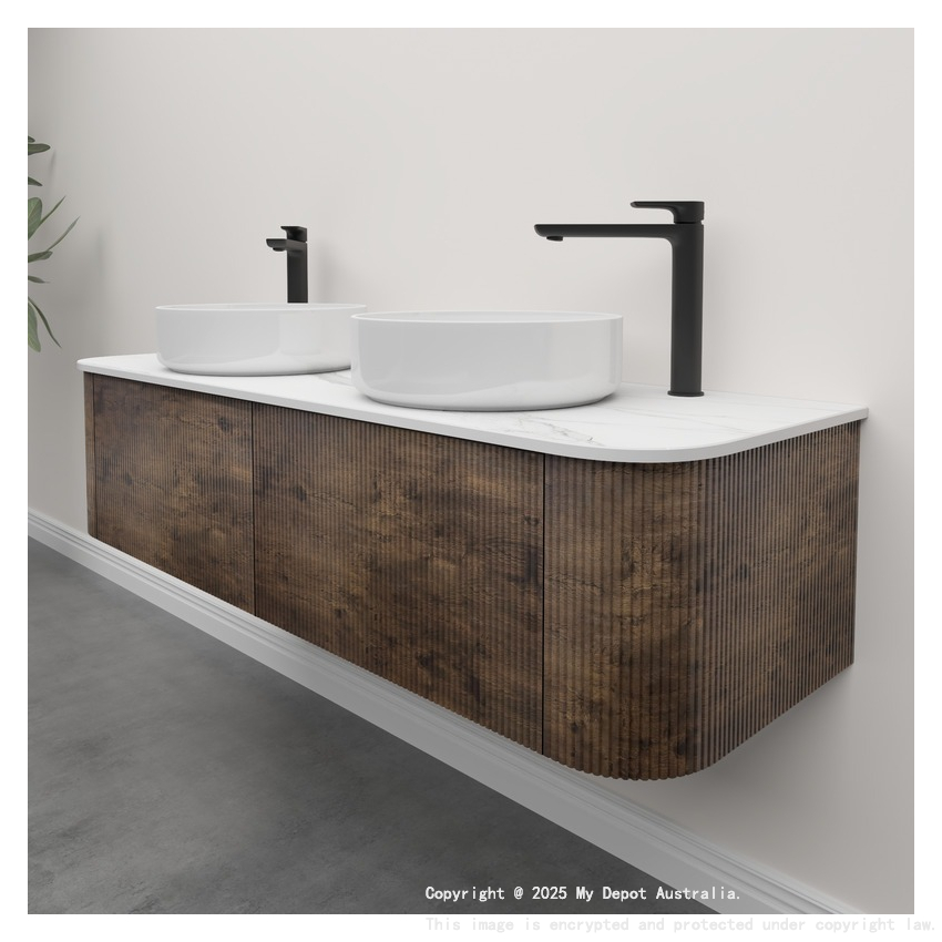 Kiama 1500mm Dark Oak 2 Drawers Curved Wall Hung Fluted Bathroom Vanity