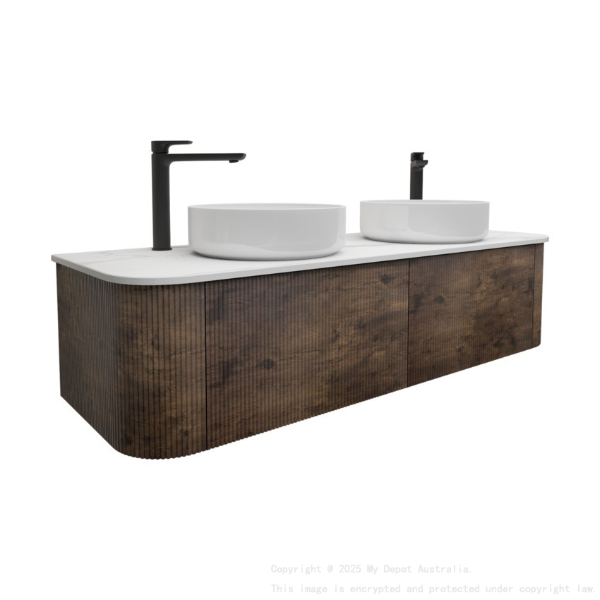 Kiama 1500mm Dark Oak 2 Drawers Curved Wall Hung Fluted Bathroom Vanity