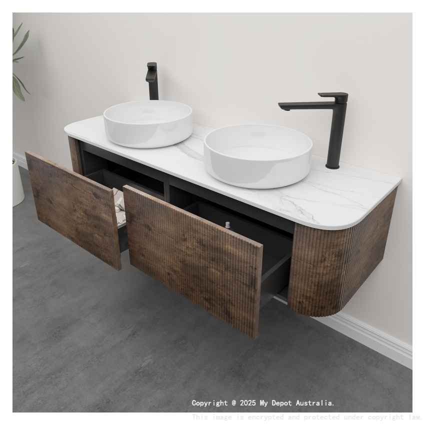 Kiama 1500mm Dark Oak 2 Drawers Curved Wall Hung Fluted Bathroom Vanity