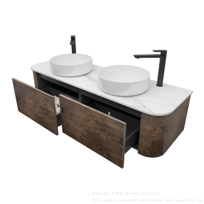 Kiama 1500mm Dark Oak 2 Drawers Curved Wall Hung Fluted Bathroom Vanity