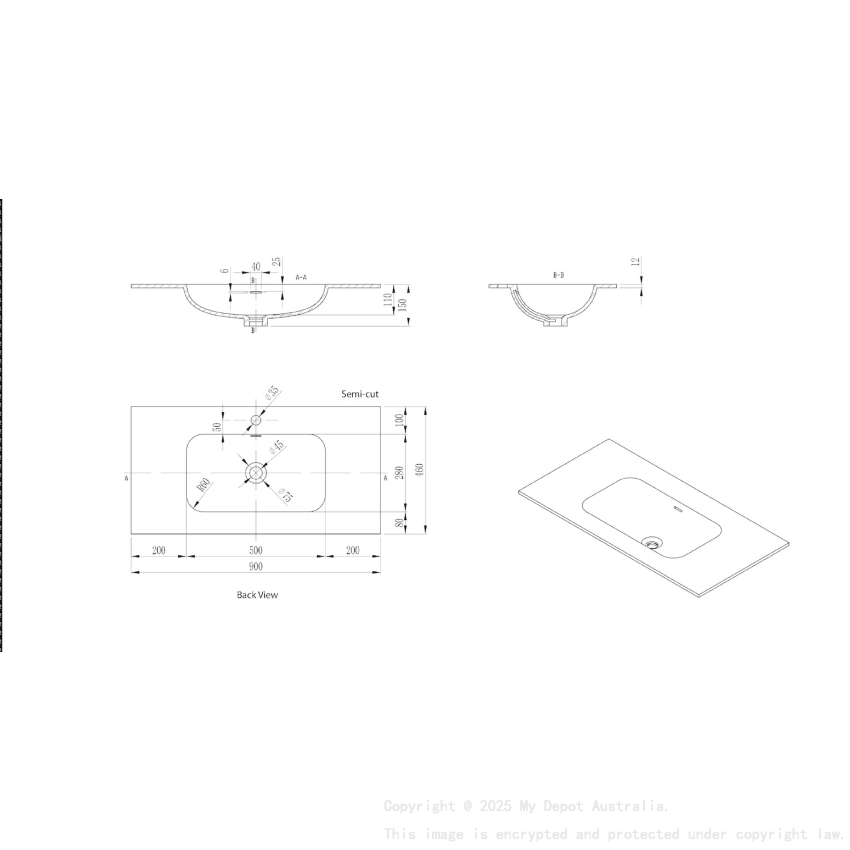 905X465X145 Matte White Chasey Solid Surface Stone Basin