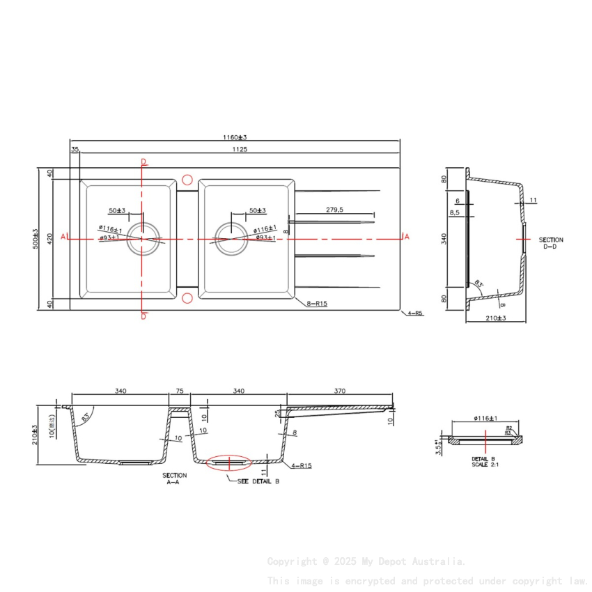 1160*500*210mm Cora Black Granite Sink Double Bowl With Drainer Left Hand Bowl 