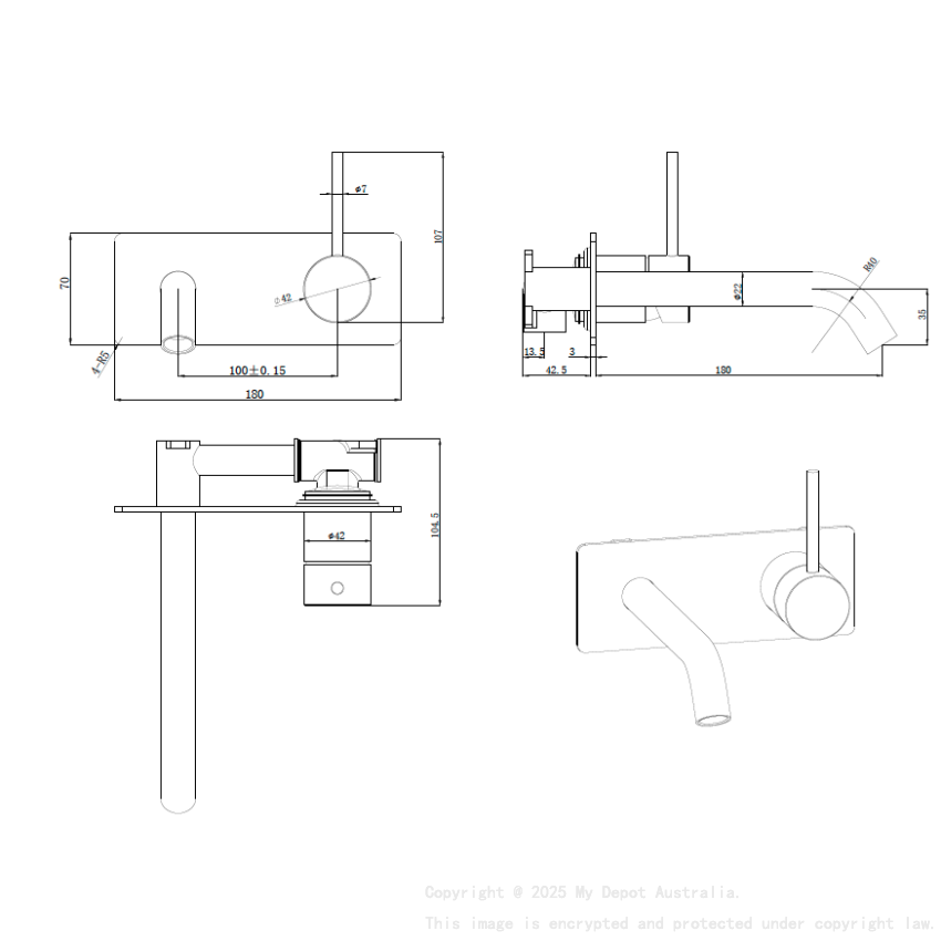 Otus Slimline Wall Basin Mixer Trim Kit Lever Up Matt Black