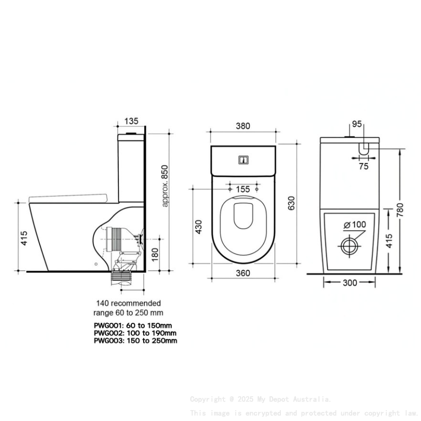 630×380×850mm Acadia Full Rimless Wall Faced Toilet Suite