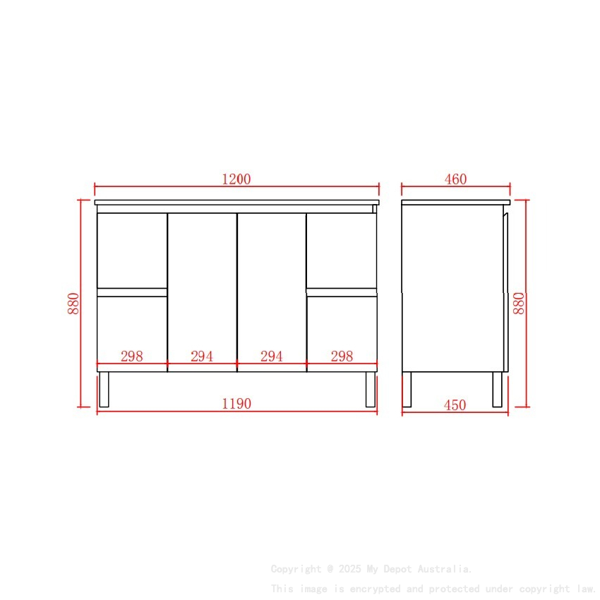 1190*455*860mm Gloss White Alpha Free Standing PVC Vanity Single Bowl