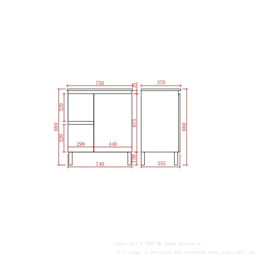 740*355*860mm Ensuite Gloss White Alpha Ensuite Free Standing PVC Vanity,Left Hand Drawers