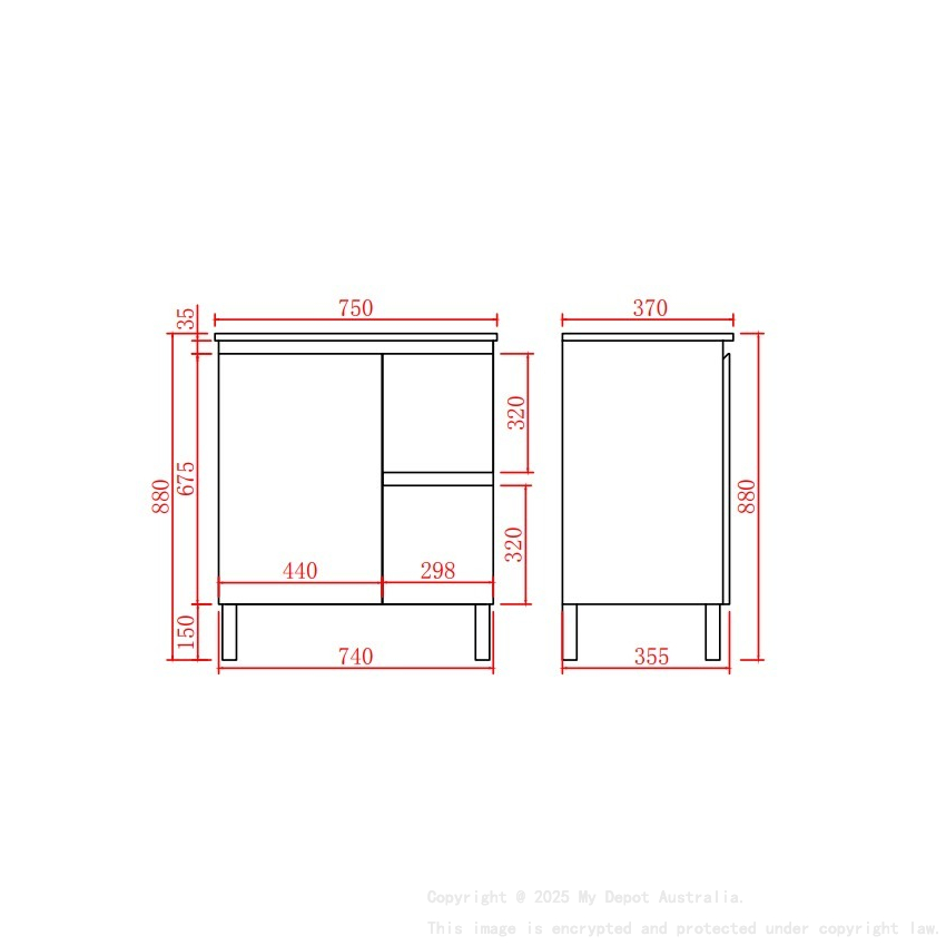 740*355*860mm Ensuite Gloss White Alpha Ensuite Free Standing PVC Vanity,Right Hand Drawers