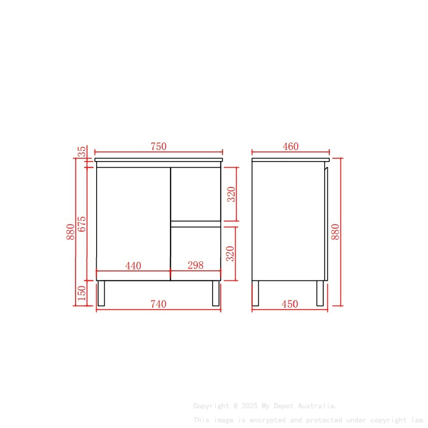 740*455*860mm Gloss White Alpha Free Standing PVC Vanity,Right Hand Drawers