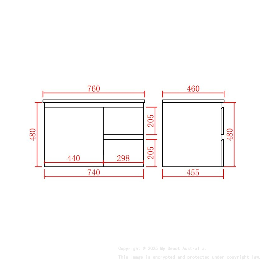 740*455*480mm Gloss White Alpha Wall Hung PVC Vanity,Right Hand Drawers