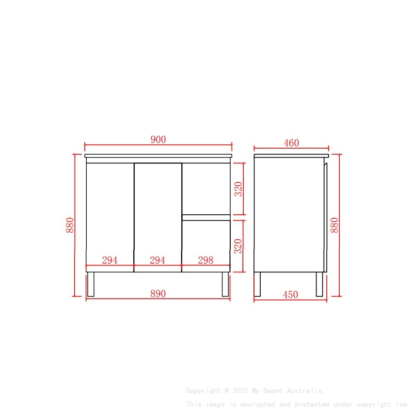 890*455*860mm Gloss White Alpha Free Standing PVC Vanity,Right Hand Drawers