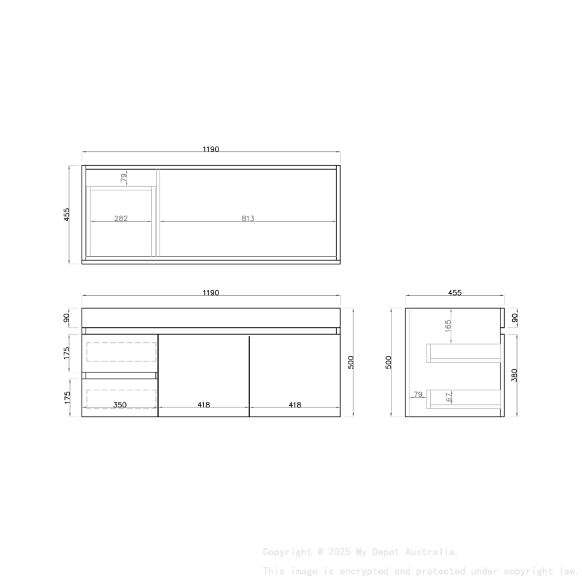 1200mm Dark Oak MDF Bathroom Vanity Left Drawers Wall Hung Cabinet Only