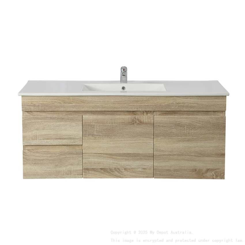 1200mm White Oak MDF Bathroom Vanity Left Drawers Wall Hung Cabinet Only