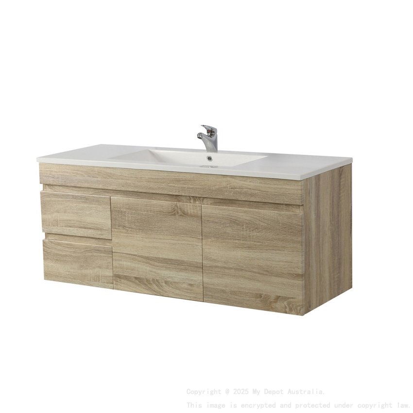 1200mm White Oak MDF Bathroom Vanity Left Drawers Wall Hung Cabinet Only