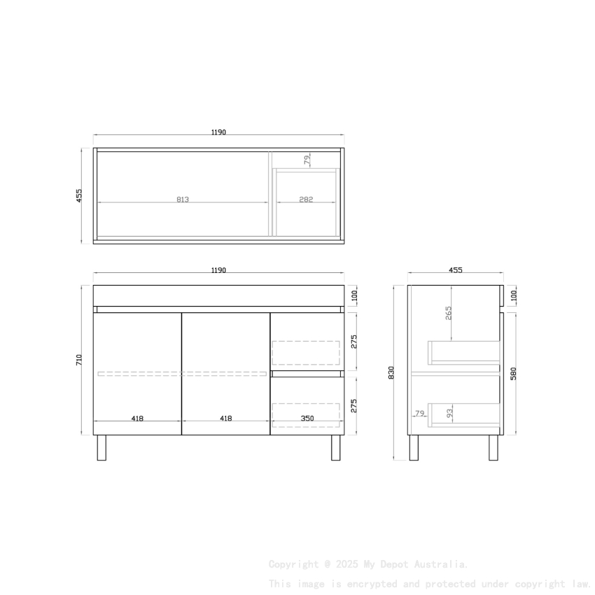 1200mm Dark Oak MDF Bathroom Vanity Right Drawers Free Standing Cabinet Only