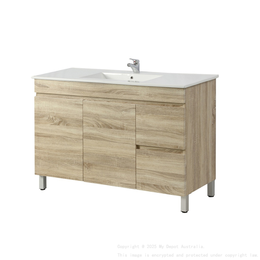 1200mm White Oak MDF Bathroom Vanity Right Drawers Free Standing Cabinet Only