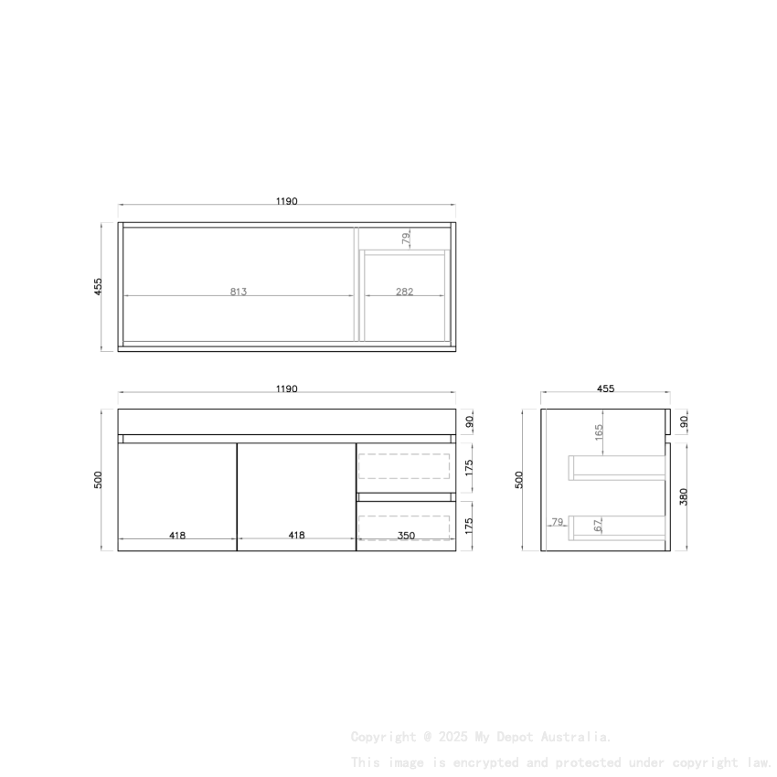 1200mm Dark Oak MDF Bathroom Vanity Right Drawers Wall Hung Cabinet Only